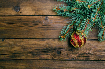 Christmas decoration on wooden background. Top view, copy space
