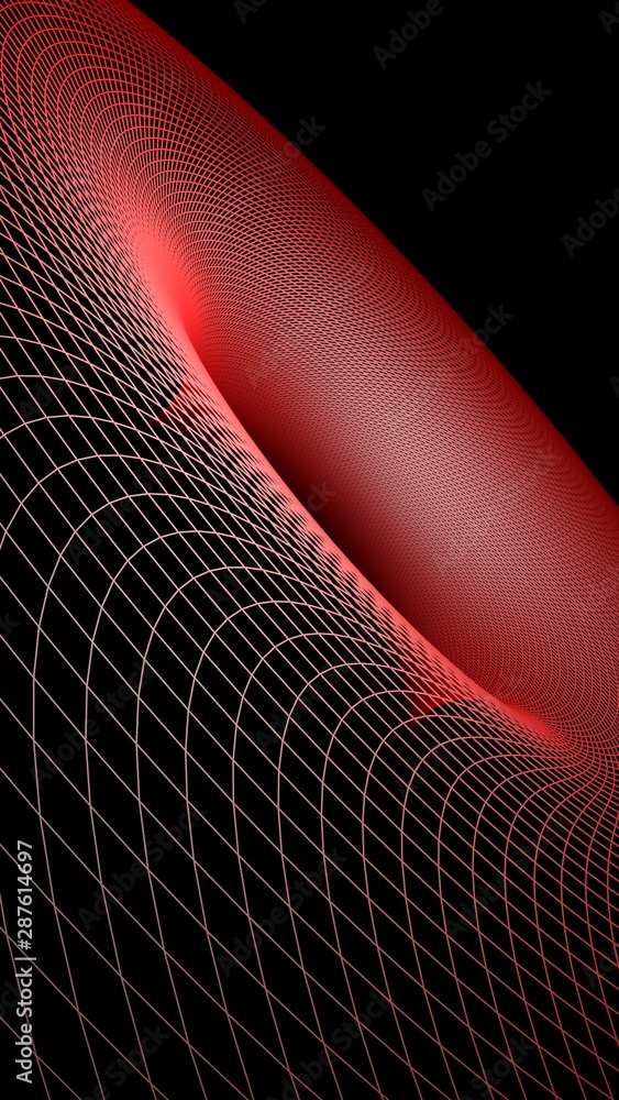 Poster red grid mathematical surface on black background - 3d rendering illustration