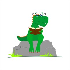 Dinosaur With Glasses Reading a Book. Smart Dinosaur. A Tyrannosaurus With A Crest On its Back and With Glasses Sits on a Stone With a Book in its Paws. Vector Image Isolated on a White background.