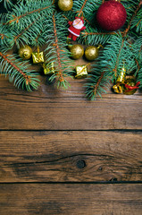 Christmas decoration on wooden background. Top view, copy space