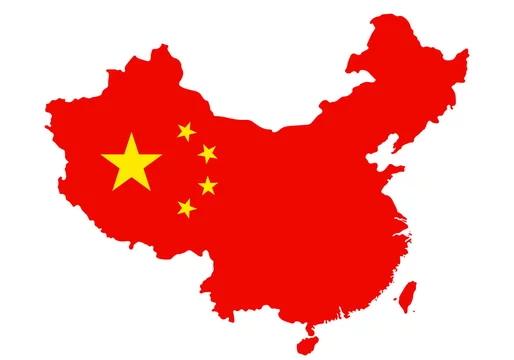Outlined People's Republic of China map country silhouette in national flag style vector drawing template for your design.