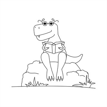 Contour Dinosaur With Glasses Reading a Book. Smart Dinosaur. A Tyrannosaurus In Glasses Sits on a Stone With a Book in its Paws. Vector Image Isolated on a White background. Coloring Book page.