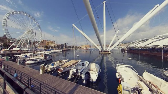 Genova, Italy-AUGUST, 2019. The Bigo, panoramic lift crane and giant wheel