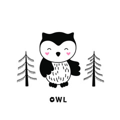 Owl for children in scandinavian style. Postcard of forest animals with the inscription. Black-white vector illustration.