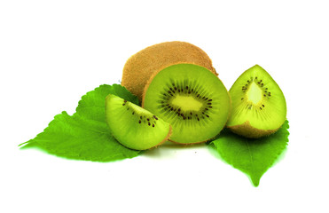 group of kiwi fresh fruits green color with tiny seeds green leaf isolated on white background