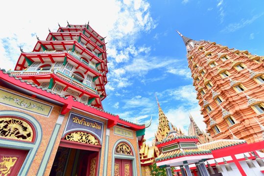 View of Chinese Pagoda of Wat Tham Khao Noi in Kanchanaburi