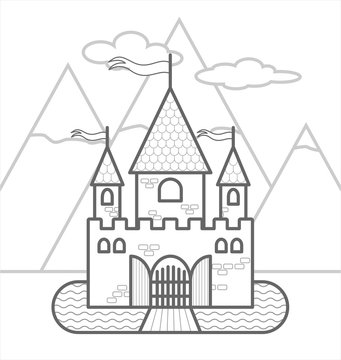 Fairytale Castle Against The Backdrop Of Mountains With Three Towers, With Flags, Gates, A Moat, Drawbridge. Outline Vector Image For Children's Coloring. The Contour Of A Stylized Medieval Castle.