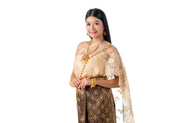 Beautiful woman smiling in national traditional costume of Thailand. Isolate on white background.