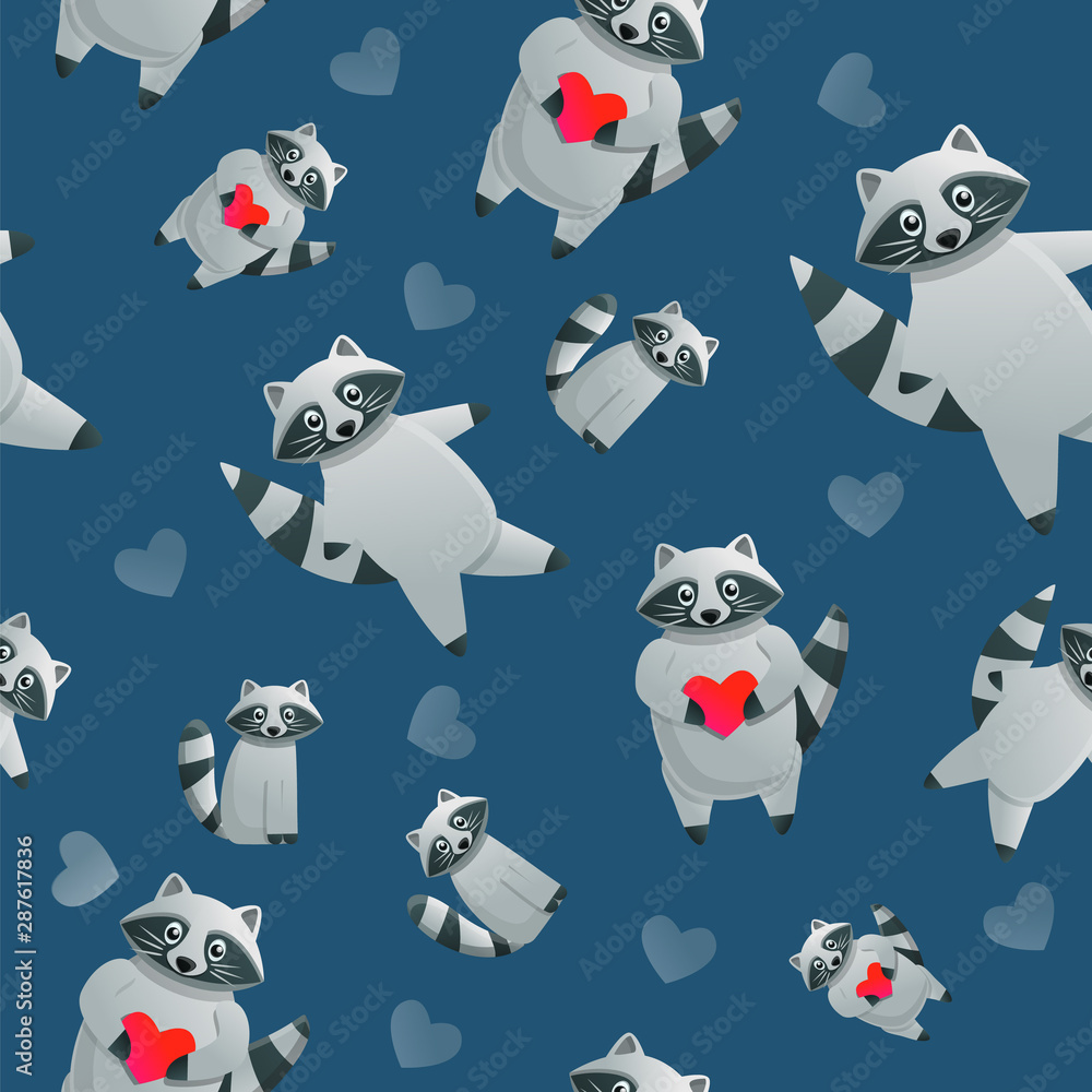 Poster racoon with red heart pattern. cartoon illustration of racoon with red heart vector pattern for web 
