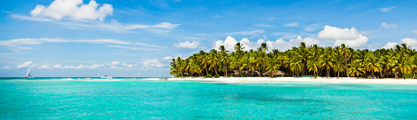 Obraz na płótnie Canvas Beautiful tropical beach with white sand, coconut trees and turquoise sea water of the Caribbean on an island in the Dominican Republic. Paradise island for travel and recreation. Panorama copy space