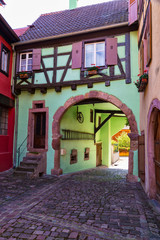 Fototapeta na wymiar Medieval town. Ancient houses ofl village Kaysersberg. Alsace Wine Route. France.