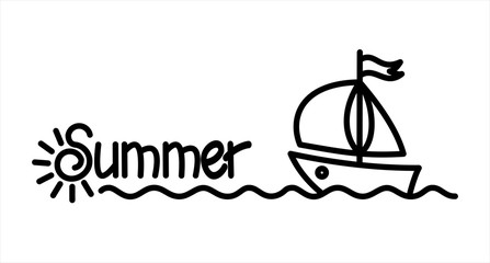 Summer. Handwritten Word Lettering. The letter S in the form of the sun with rays. Stylized sun, sea and boat with a sail. Summer holiday, vacation. Vector Image Isolated on white background.