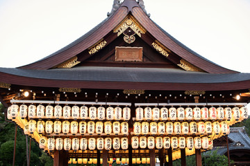 Paper lantern hang up at stage of Yasaka Shrine, once called Gion Shrine is a Shinto shrine in the...