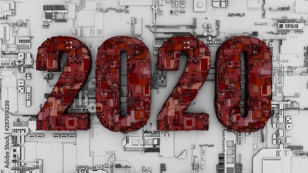 Poster 3d rendering of 2020 date. the red text is equipped with a variety of technological elements of elec