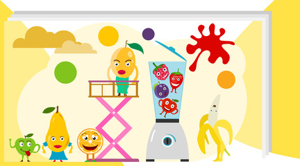 Cartoon fruits and berries are processed on a blender for juice. Vector illustration of animated fruits and berries with