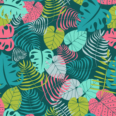 Fototapeta na wymiar Seamless vector pattern repeat of hand-drawn tropical leaf motifs