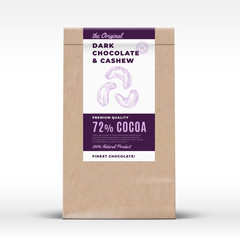 The Original Dark Chocolate and Cashew. Craft Paper Bag Product Label. Abstract Vector Packaging Design Layout with Realistic Shadows. Modern Typography and Hand Drawn Nuts Silhouette.
