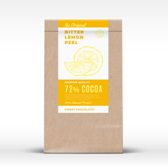 The Original Bitter Lemon Peel Chocolate. Craft Paper Bag Product Label. Abstract Vector Packaging Design Layout with Realistic Shadows. Modern Typography and Hand Drawn Lemons Silhouette.