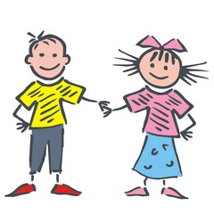 Two happy little children, small smiling girl and boy, funny vector illustration. Dancing pair. Hand drawing picture.