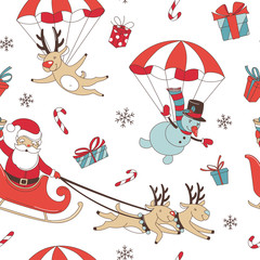 Merry Christmas doodle seamless pattern background. Santa Claus with deers and snowman, decoration and presents.
