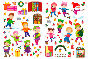 Fototapeta premium Christmas Set Of Children Decoration And Gift