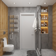 3D visualization of the interior of the bathroom in a modern style