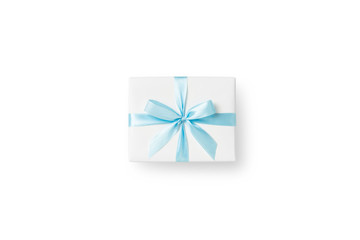 Top view of white gift box on white isolated background