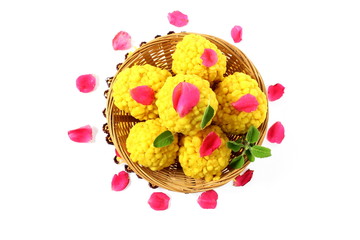 traditional indian gujarati sweet food bundi laddu in white background