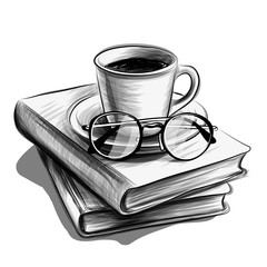  A cup of coffee / tea and glasses on a stack of books. Sketch on a white background.