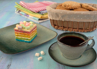 Beautiful and delicious cakes.Black coffee.On light background