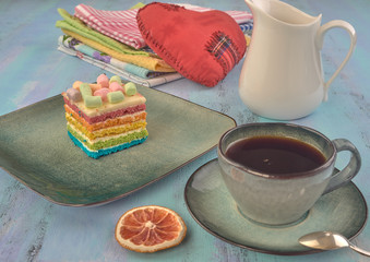 Beautiful and delicious cakes.Black coffee.On light background