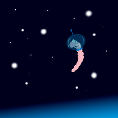 Fototapeta na wymiar a small pink cartoon worm in a spacesuit flies in space among the stars.