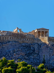 Athens Greece, unusual view of Erechtheion ancient temle from the street behind acropolis hill