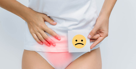 woman suffering urinary system ache , bladder pain, cystitis - obrazy, fototapety, plakaty
