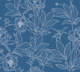 Botanical seamless pattern. Elegant peonies, buds and leaves. Contour drawing, etching floral art....