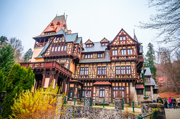 Fototapeta premium Beautiful Pelisor castle in Sinaia, Carpathian Mountains, Romania, Europe. Pelisor castle situated next to the Peles castle.
