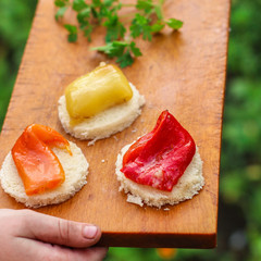 pepper, vegetable snack (antipasto) serving. top food background. copy space