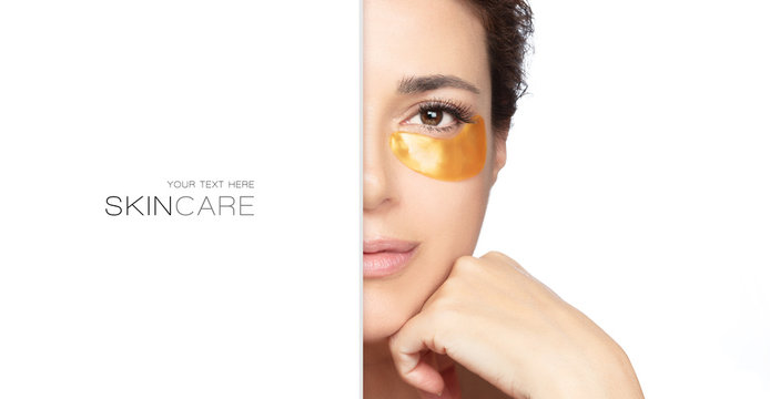 Woman with collagen patch under eye. Eye skin mask. Anti aging skin care concept