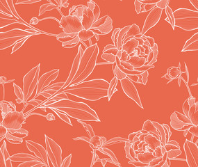 Botanical seamless pattern. Elegant peonies, buds and leaves isloated on coral color. Engraving style graphic. Vintage background with beautiful flowers for textile, fabric, wallpaper and wrapping.