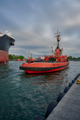 Fototapeta premium Red Tug Seascape, Gdansk port, Poland