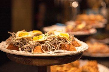 Close-up view of wide variety of tapas in Spain