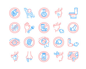 Allergy and symptoms line color icons set. Dermatological, infectious disease. Food intolerance.