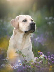 Labrador dog. Field of daisies