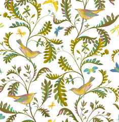 Fototapeta na wymiar Seamless pattern with birds, dragonfly and branches with leaves. Hand drawn by color pencils realistic flora and fauna background. Nature motif in vintage style. Good for textile and fabric, wrapper
