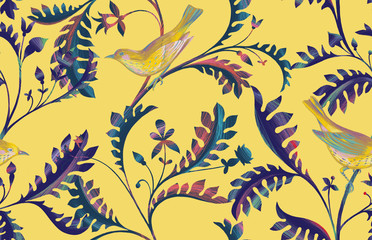 Seamless pattern with birds and branches with exotic leaves. Hand drawn by color pencils realistic flora and fauna background. Nature motif. Backdrop for fashion design, fabric, textile, wallpaper.