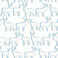 Vector winter seamless pattern with deer, stag, doe, blue and white illustration. Winter theme animal wallpaper.