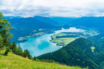 View of Wolfgangsee lake and surrounding mountains from Zwolferhorn mountain in Salzkammergut region, Austria © beataaldridge