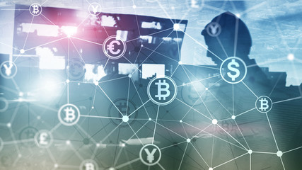 Obraz premium Double exposure Bitcoin and blockchain concept. Digital economy and currency trading
