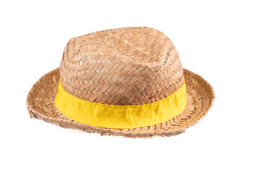 Yellow straw hat with a yellow ribbon on white background side view