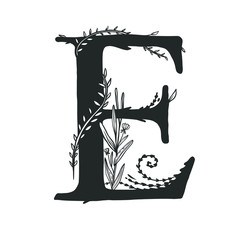 Vector hand drawn monogram, uppercase letter "E" with floral elements.